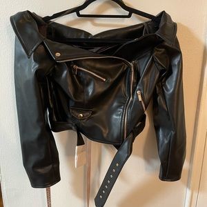 House of CB ‘Romero’ Black Vegan Leather off the shoulder jacket
